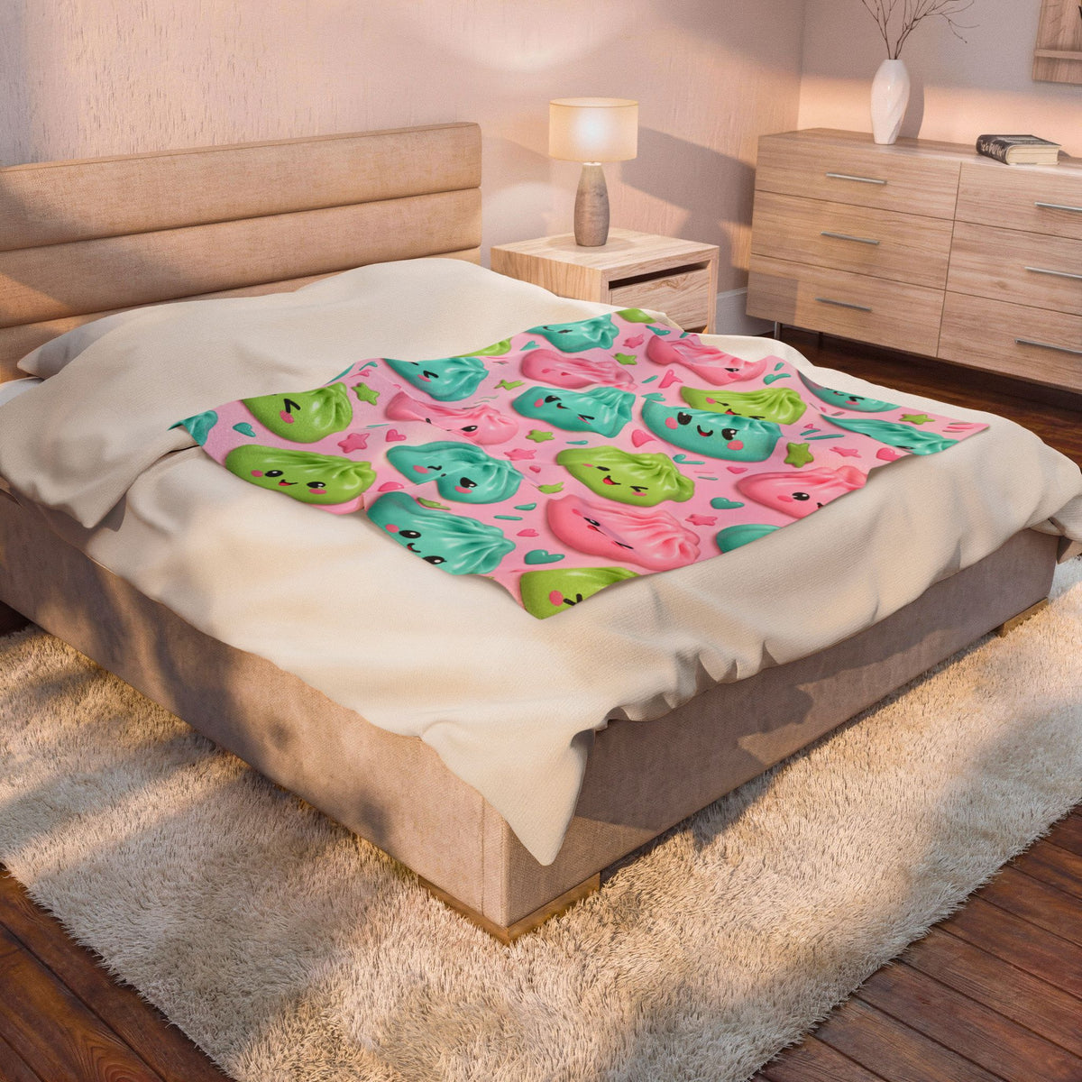 Velveteen Plush Blanket — Cute Dumpling Pattern Plush Throw for Kids & Teens