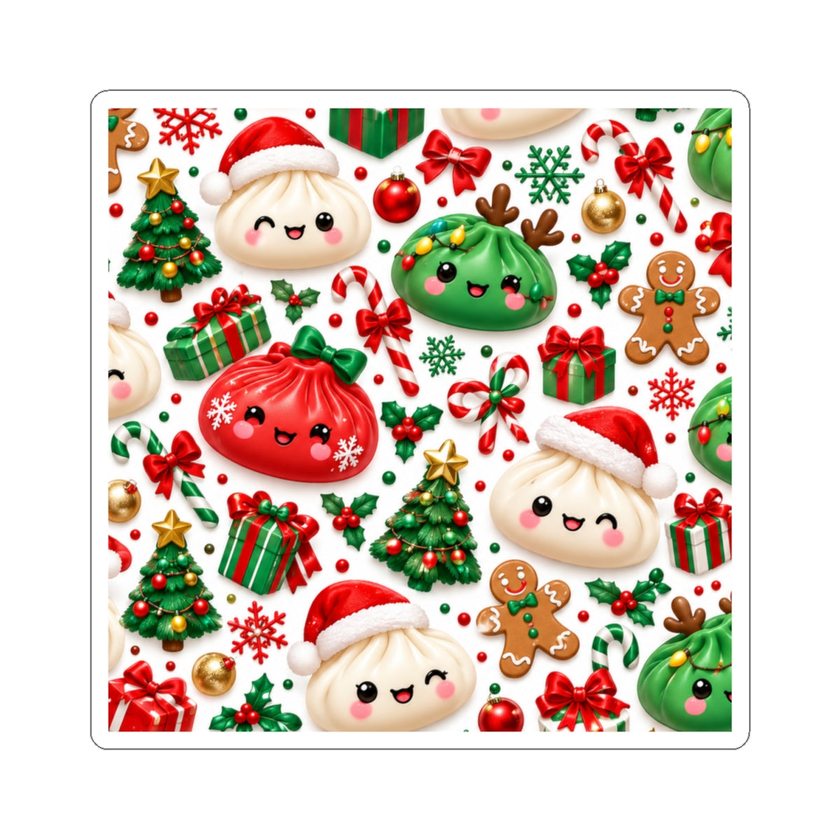 Cute Christmas Dumpling Sticker — Holiday Kawaii Kiss-Cut Stickers (Trees, Gifts & Gingerbread)