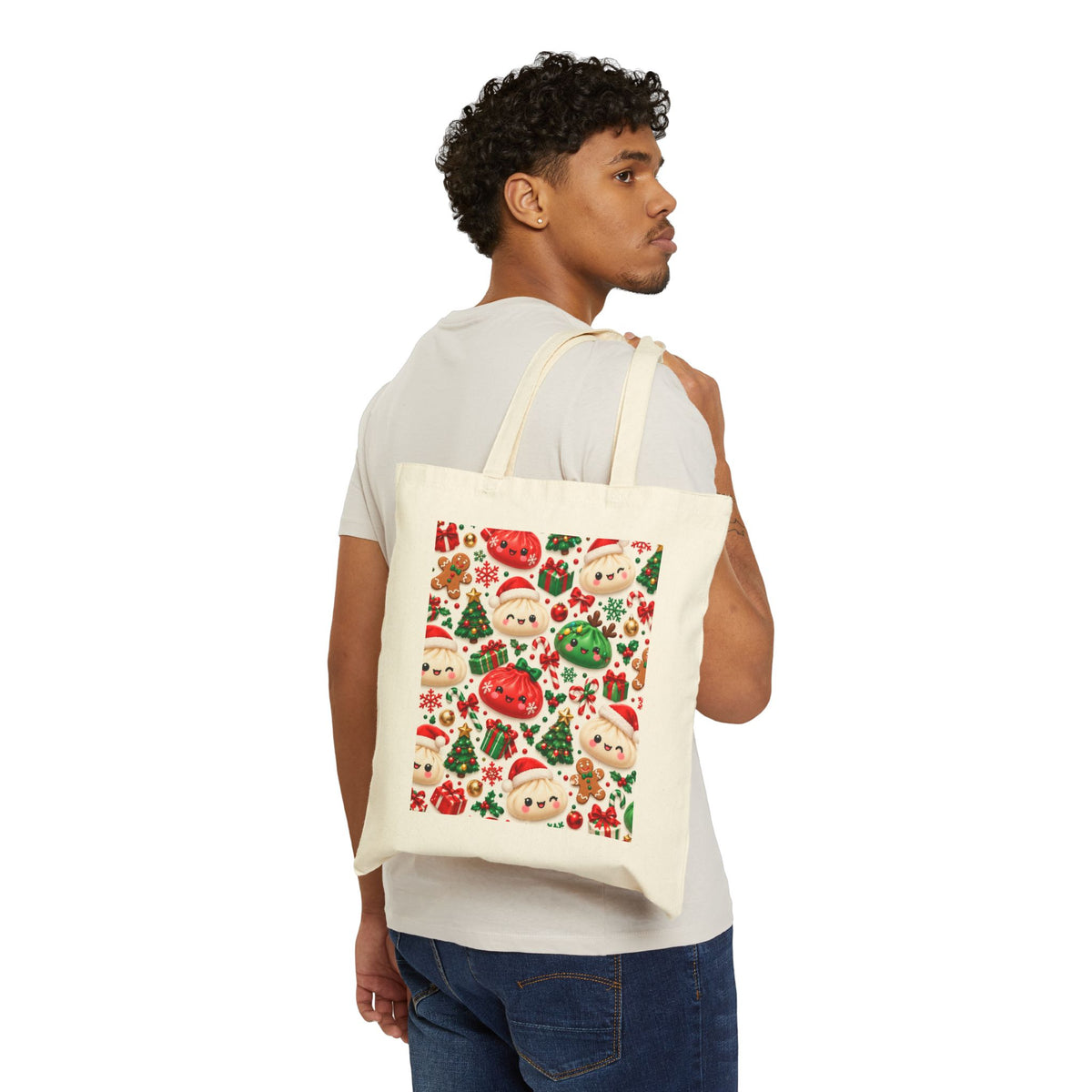 Christmas Santa & Ornaments Tote Bag — Cute Holiday Canvas Shopping Tote