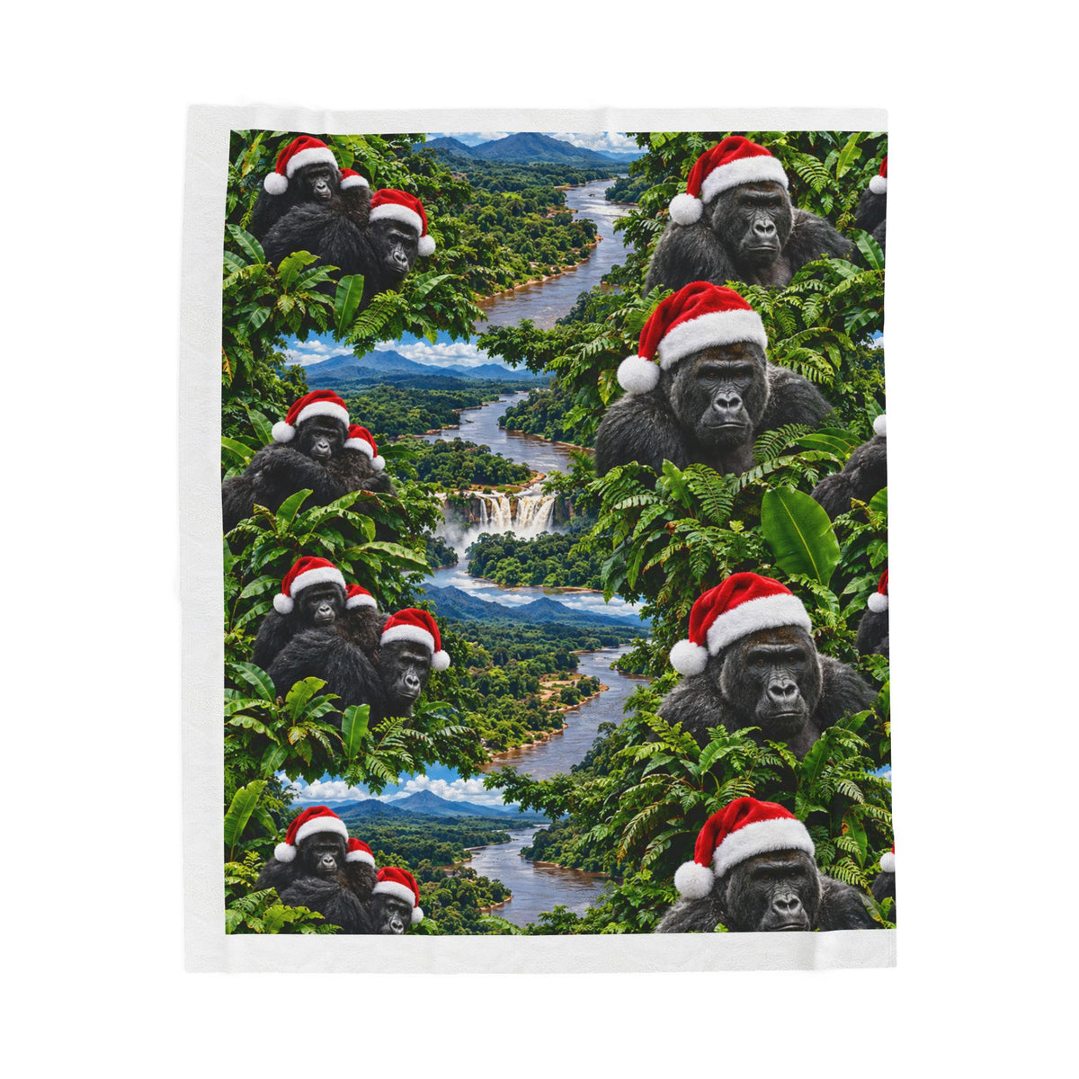 Holiday Congo Gorilla Velveteen Plush Blanket – Santa Hat Jungle Scene