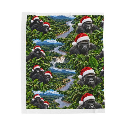 Holiday Congo Gorilla Velveteen Plush Blanket – Santa Hat Jungle Scene