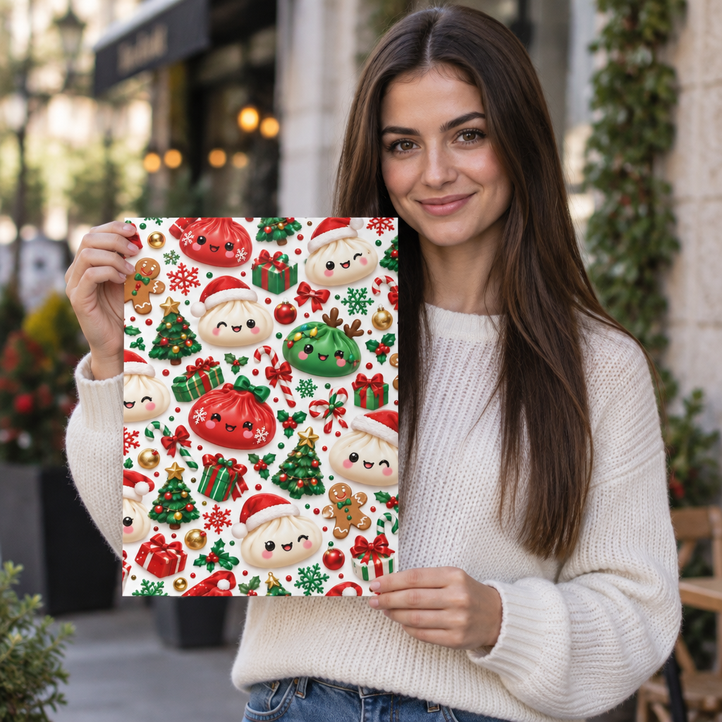 Christmas Dumpling Gift Wrap Roll — Cute Holiday Wrapping Paper with Santa Dumplings, Trees & Gifts