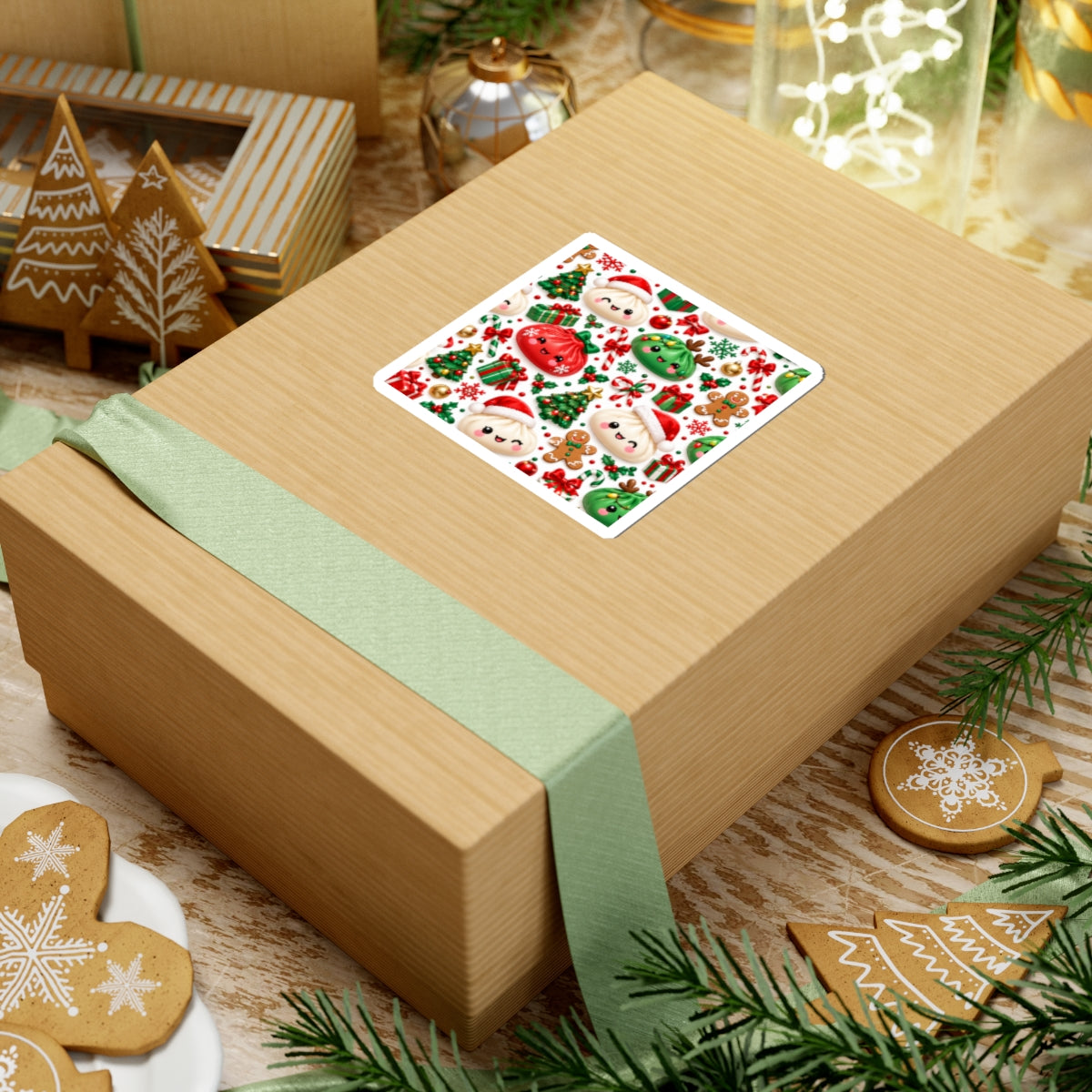 Cute Christmas Dumpling Sticker — Holiday Kawaii Kiss-Cut Stickers (Trees, Gifts & Gingerbread)