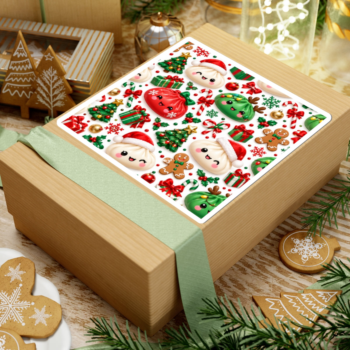 Cute Christmas Dumpling Sticker — Holiday Kawaii Kiss-Cut Stickers (Trees, Gifts & Gingerbread)