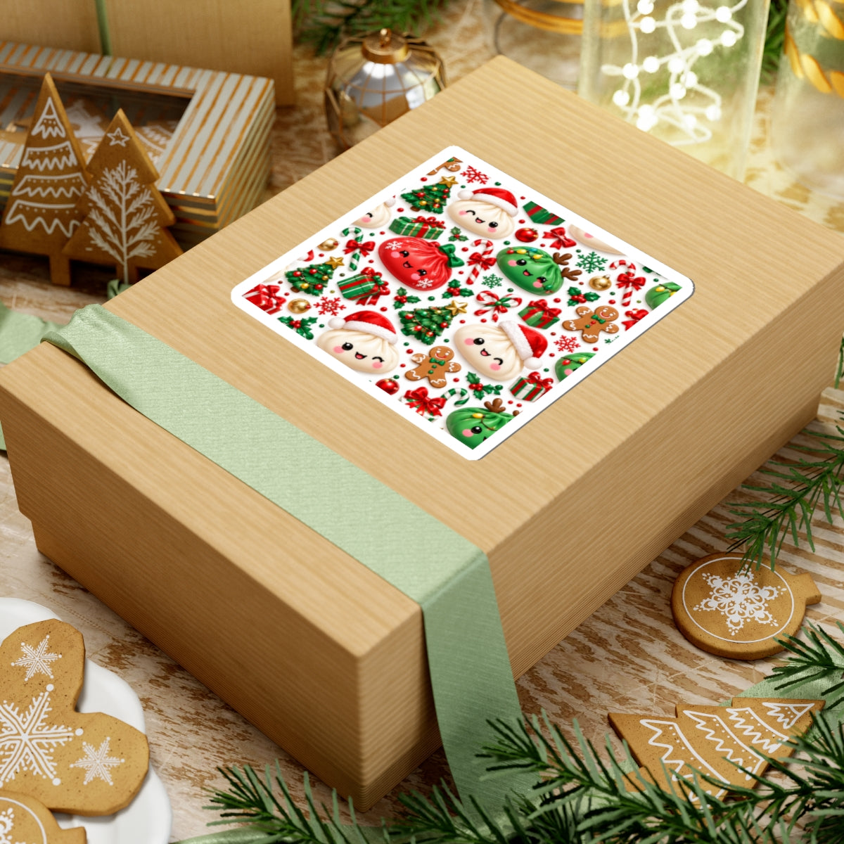 Cute Christmas Dumpling Sticker — Holiday Kawaii Kiss-Cut Stickers (Trees, Gifts & Gingerbread)