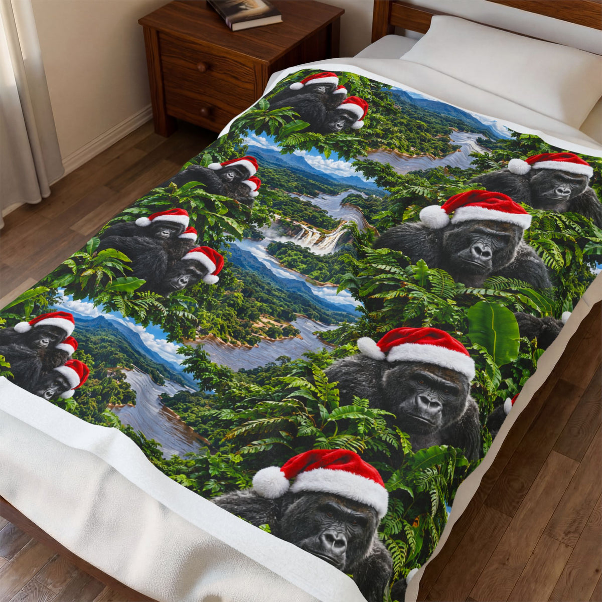 Holiday Congo Gorilla Velveteen Plush Blanket – Santa Hat Jungle Scene